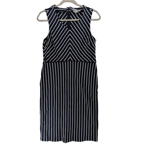 WinterSilks Striped Dress M Navy White Sleeveless V Neck Up Cocktail Knee Length - Picture 1 of 10